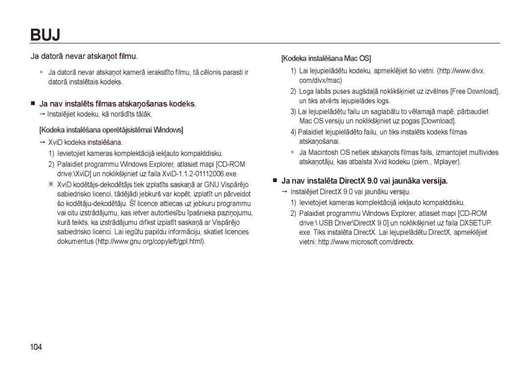 Samsung EC-L310WSBA/RU manual Ja datorā nevar atskaņot ﬁlmu, „ Ja nav instalēts ﬁlmas atskaņošanas kodeks, 104 