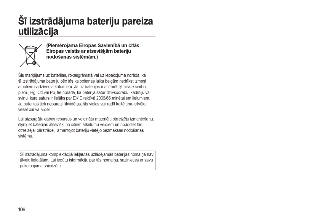 Samsung EC-L310WSBA/RU manual Šī izstrādājuma bateriju pareiza utilizācija, 106 