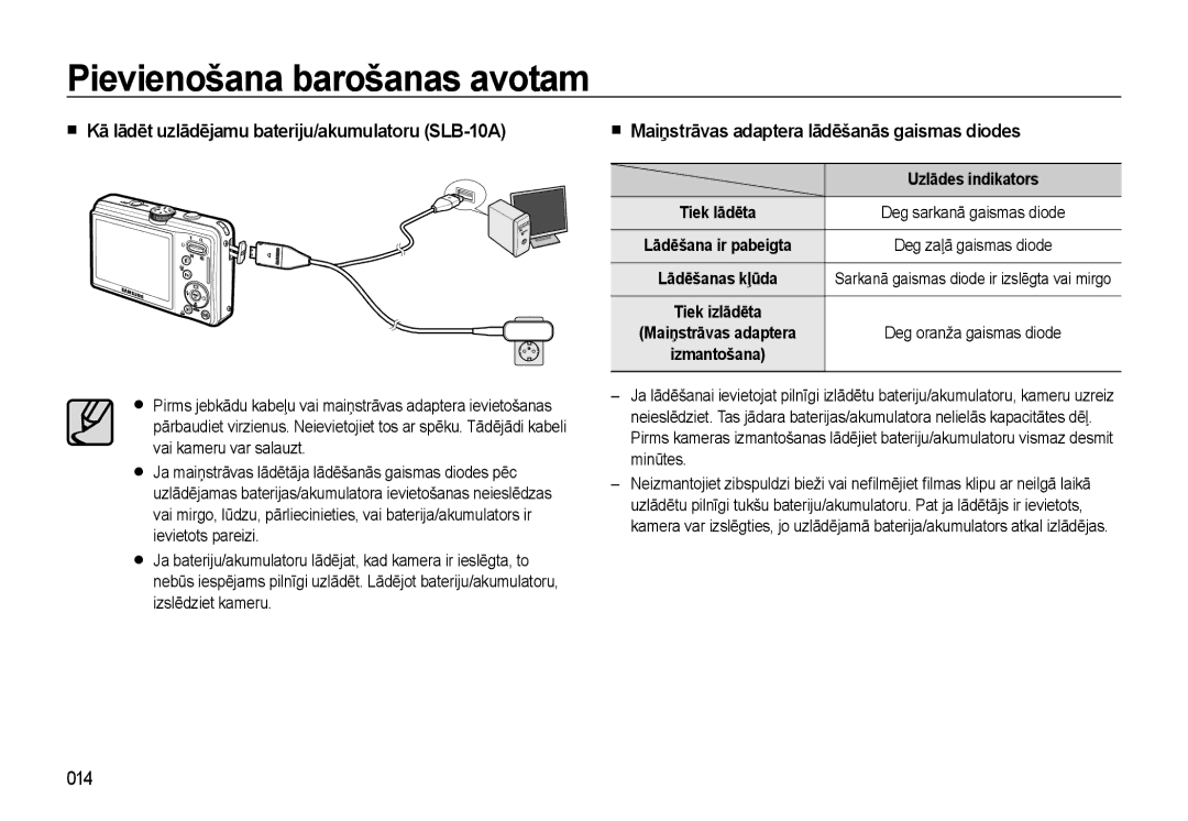 Samsung EC-L310WSBA/RU „ Kā lādēt uzlādējamu bateriju/akumulatoru SLB-10A, „ Maiņstrāvas adaptera lādēšanās gaismas diodes 