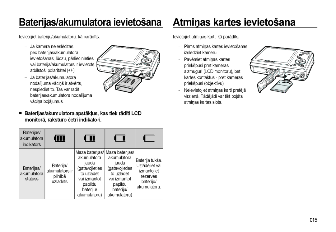 Samsung EC-L310WSBA/RU manual 015, Ievietojiet bateriju/akumulatoru, kā parādīts, Baterijas 