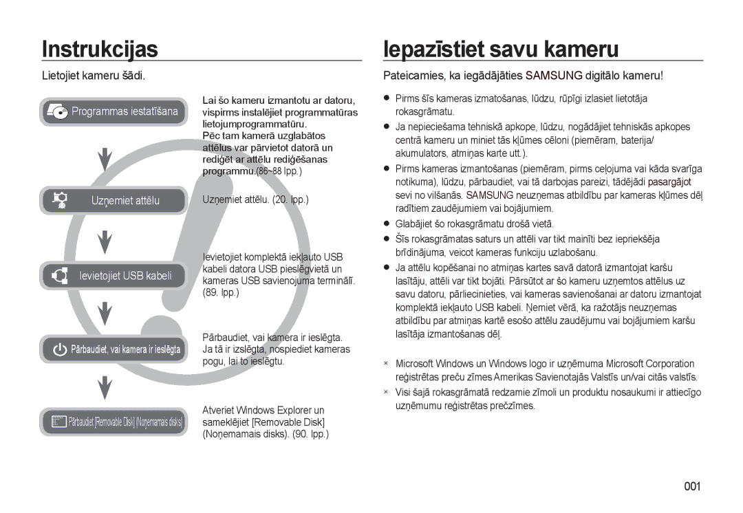 Samsung EC-L310WSBA/RU manual Instrukcijas Iepazīstiet savu kameru, Lietojiet kameru šādi, 001 