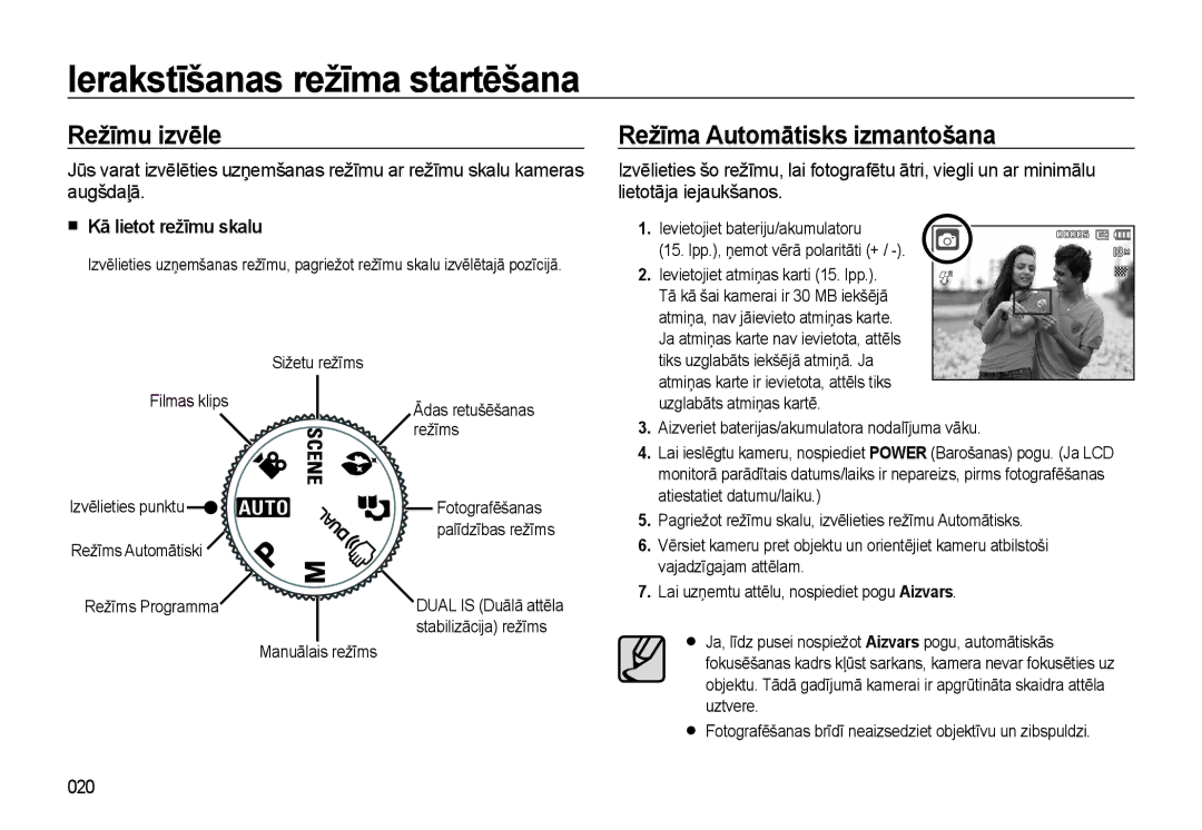 Samsung EC-L310WSBA/RU manual Ierakstīšanas režīma startēšana, Režīmu izvēle Režīma Automātisks izmantošana, 020 