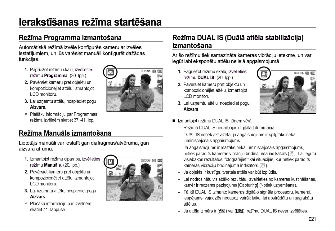 Samsung EC-L310WSBA/RU manual Režīma Programma izmantošana, Režīma Dual is Duālā attēla stabilizācija izmantošana, 021 