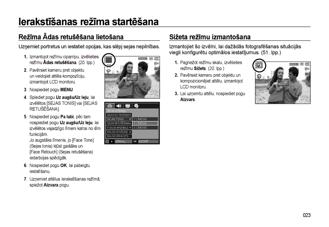 Samsung EC-L310WSBA/RU manual Režīma Ādas retušēšana lietošana Sižeta režīmu izmantošana, 023 