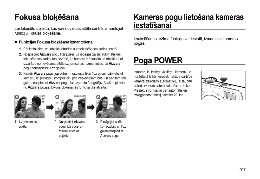 Samsung EC-L310WSBA/RU manual Fokusa bloķēšana, Kameras pogu lietošana kameras iestatīšanai, Poga Power, 027 