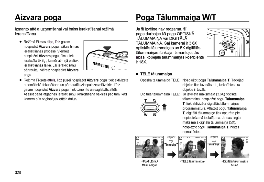 Samsung EC-L310WSBA/RU manual Aizvara poga, Poga Tālummaiņa W/T, „ Tele tālummaiņa, 028 