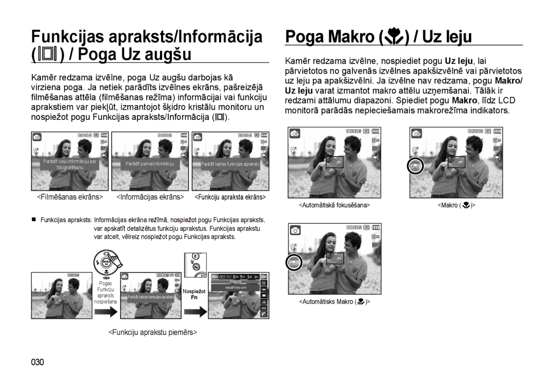 Samsung EC-L310WSBA/RU Poga Makro / Uz leju, Kamēr redzama izvēlne, nospiediet pogu Uz leju, lai, 030, Filmēšanas ekrāns 