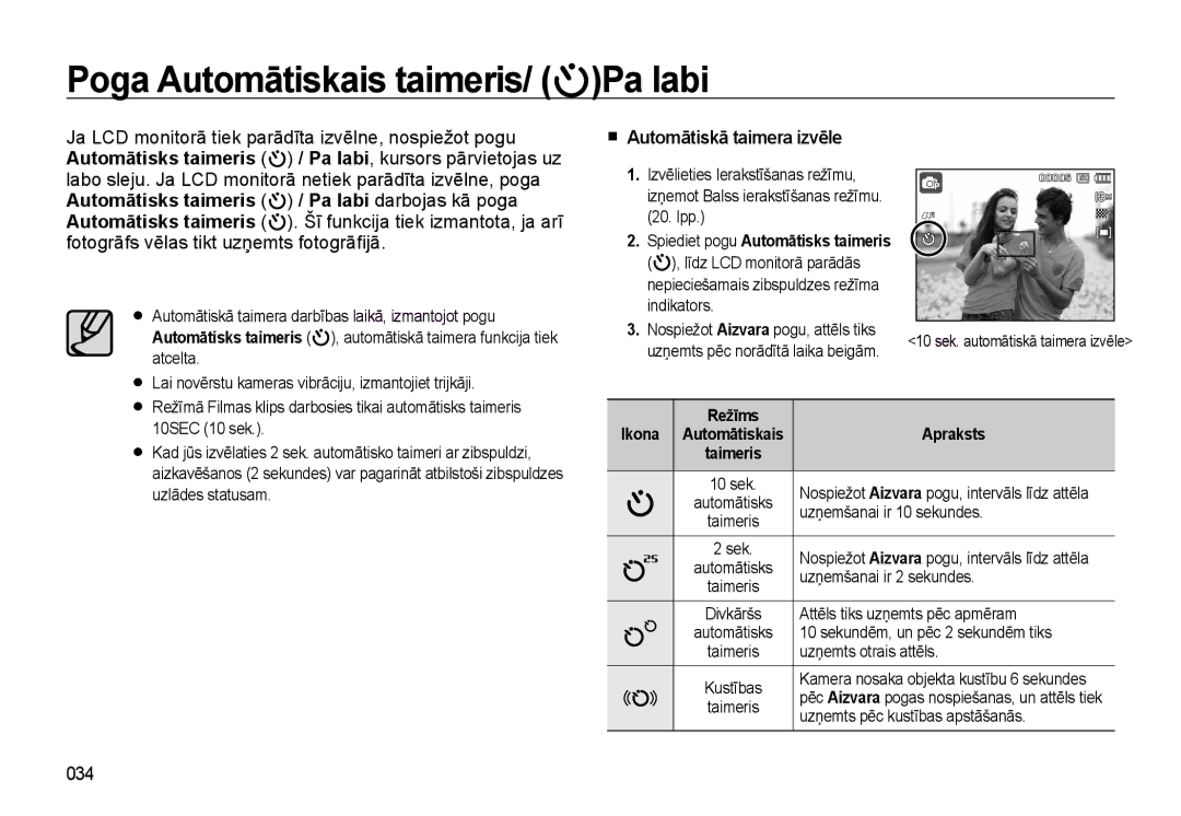 Samsung EC-L310WSBA/RU manual Poga Automātiskais taimeris/ Pa labi, „ Automātiskā taimera izvēle, 034, Režīms Ikona 