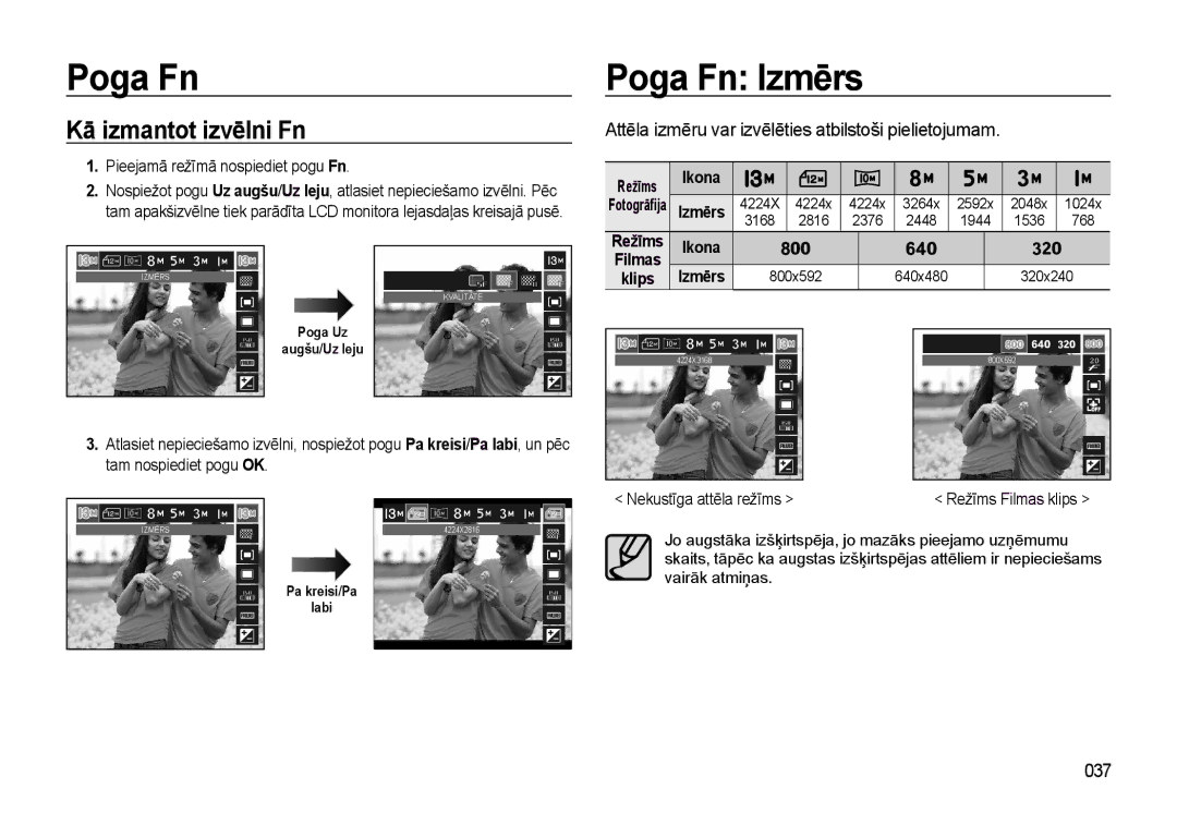 Samsung EC-L310WSBA/RU manual Poga Fn Poga Fn Izmērs, Kā izmantot izvēlni Fn, 037, 800x592 640x480 