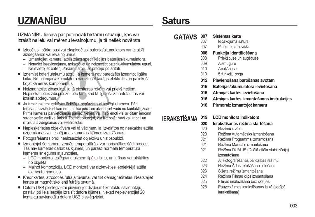 Samsung EC-L310WSBA/RU manual Saturs, 003, Iepakojuma saturs Pieejams atsevišķi 