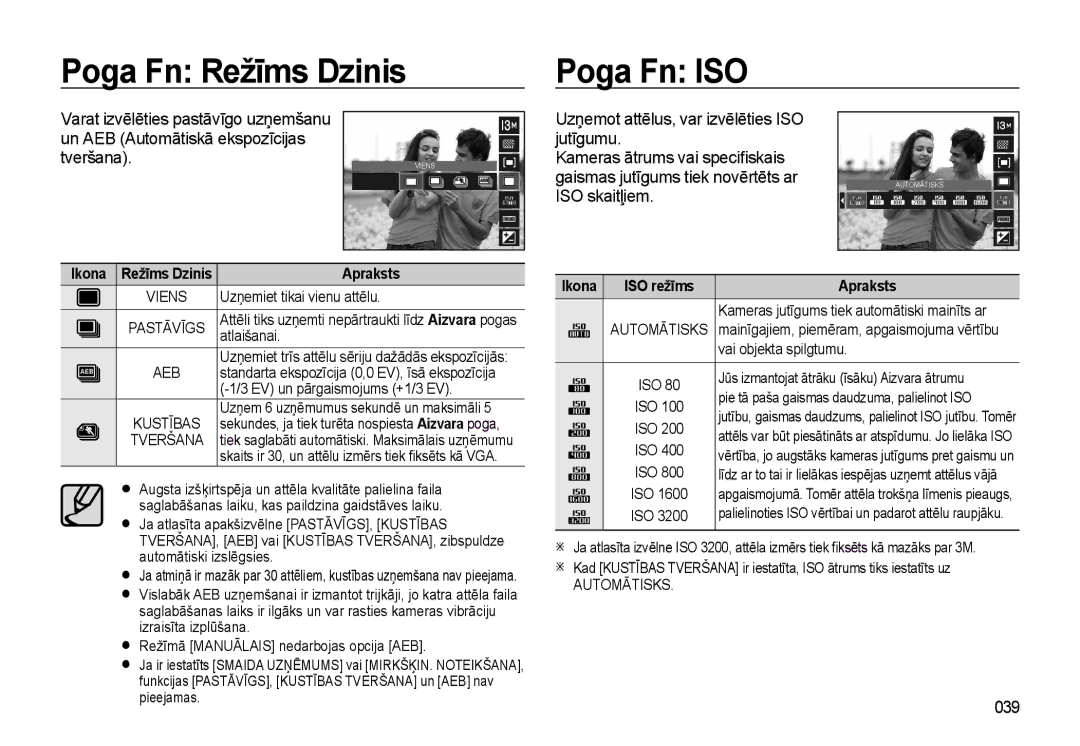 Samsung EC-L310WSBA/RU manual Poga Fn ISO, Un AEB Automātiskā ekspozīcijas Tveršana, ISO skaitļiem, 039 