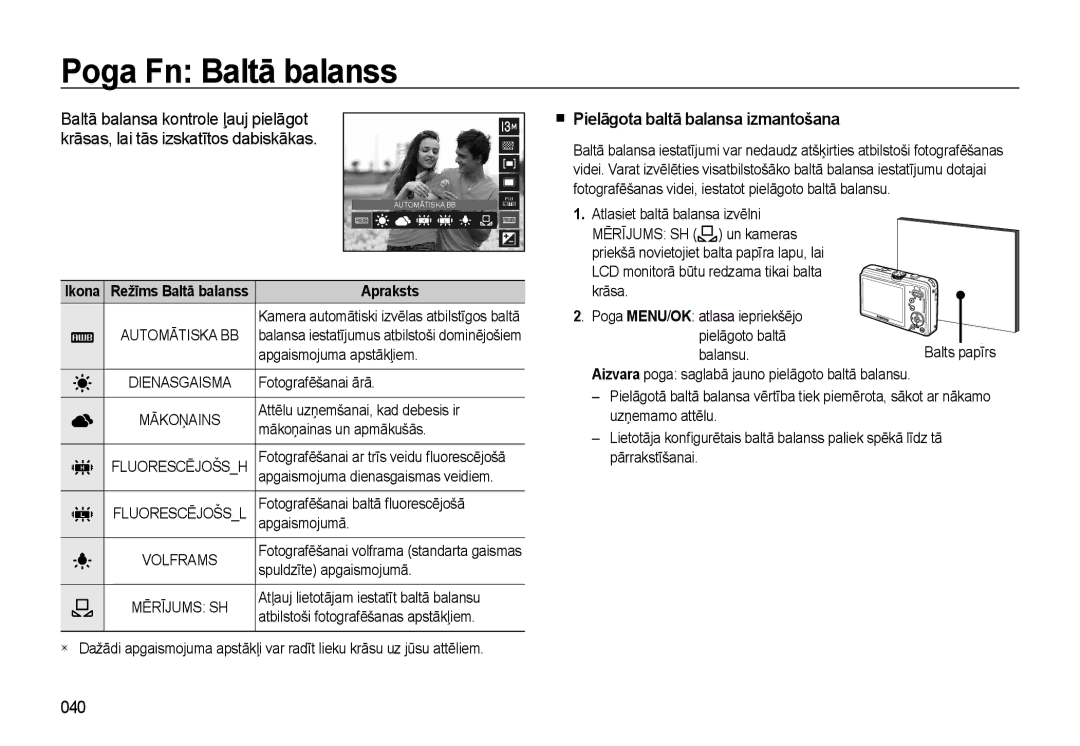 Samsung EC-L310WSBA/RU manual Poga Fn Baltā balanss, „ Pielāgota baltā balansa izmantošana, 040 