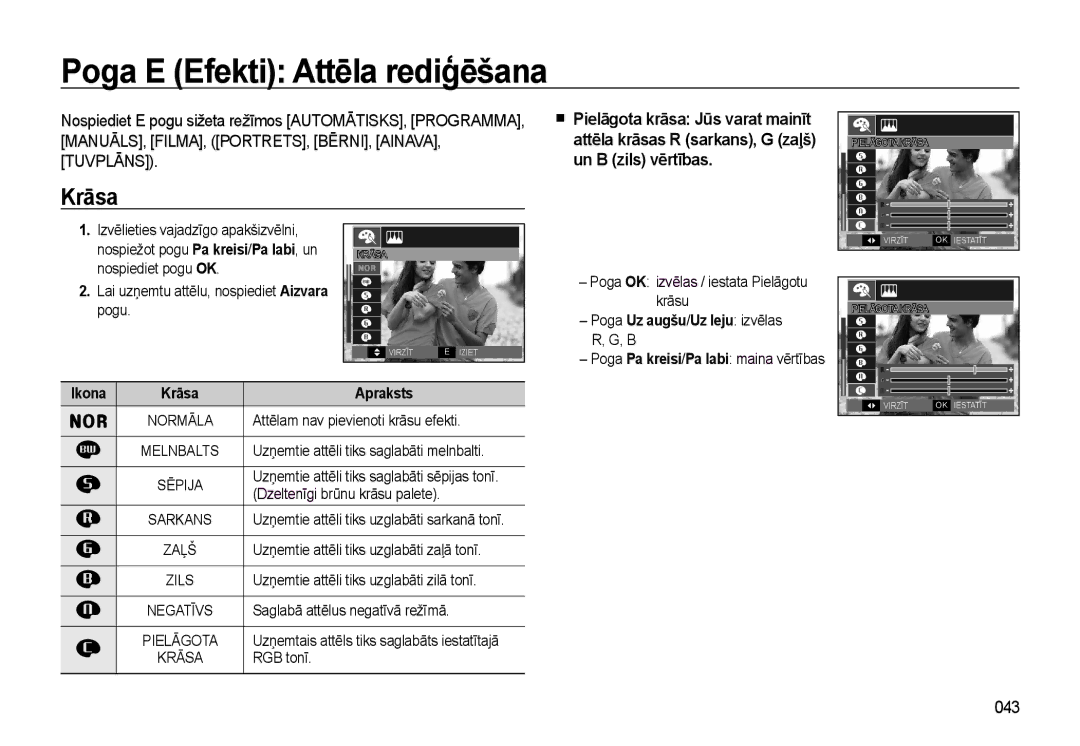 Samsung EC-L310WSBA/RU manual Poga E Efekti Attēla rediģēšana, Krāsa, 043, Poga Uz augšu/Uz leju izvēlas R, G, B 