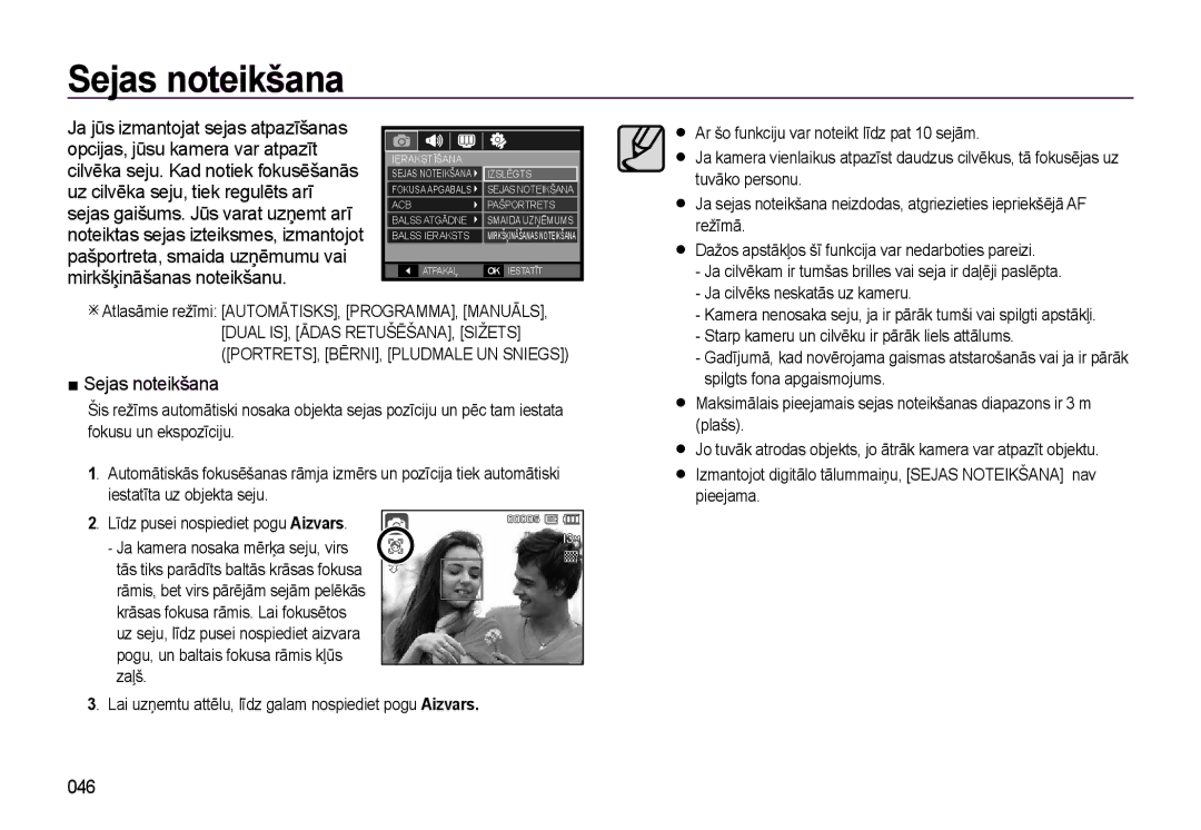 Samsung EC-L310WSBA/RU manual Sejas noteikšana, 046, Līdz pusei nospiediet pogu Aizvars 