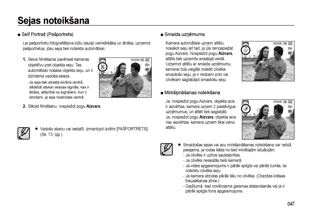 Samsung EC-L310WSBA/RU manual Self Portrait Pašportrets, Smaida uzņēmums, Mirkšķināšanas noteikšana, 047 