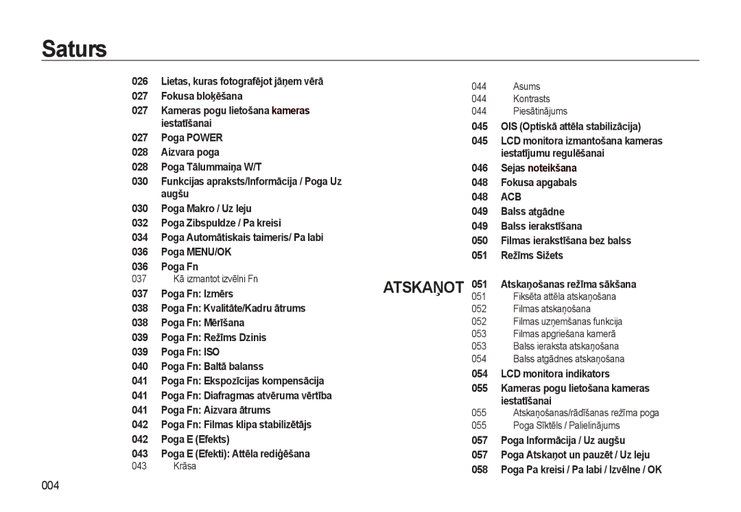 Samsung EC-L310WSBA/RU manual 004, 037 Kā izmantot izvēlni Fn, 043 Krāsa Asums Kontrasts Piesātinājums 