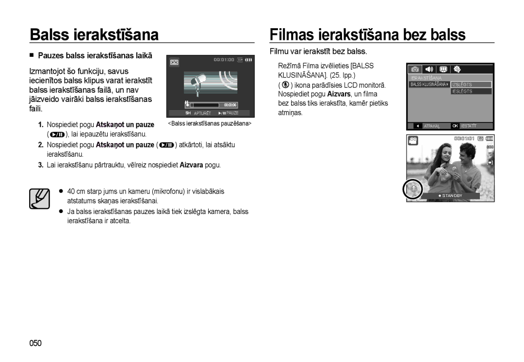 Samsung EC-L310WSBA/RU manual Balss ierakstīšana Filmas ierakstīšana bez balss, Filmu var ierakstīt bez balss, 050 