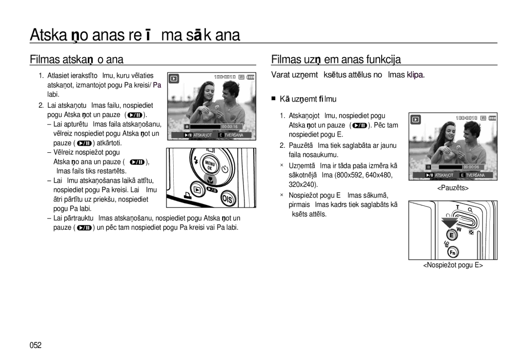 Samsung EC-L310WSBA/RU Filmas atskaņošana, Filmas uzņemšanas funkcija, Varat uzņemt ﬁksētus attēlus no ﬁlmas klipa, 052 