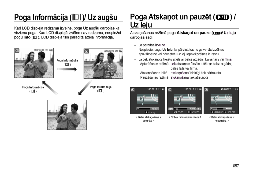 Samsung EC-L310WSBA/RU manual Poga Atskaņot un pauzēt / Uz leju, 057, Ja parādās izvēlne 