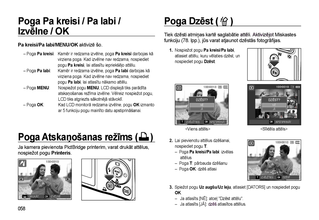 Samsung EC-L310WSBA/RU manual Poga Pa kreisi / Pa labi / Izvēlne / OK, Poga Dzēst, Poga Atskaņošanas režīms, 058 