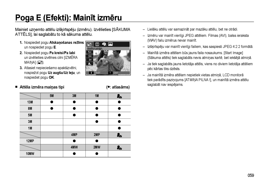 Samsung EC-L310WSBA/RU manual Poga E Efekti Mainīt izmēru, 059, WAV failu izmērus nevar mainīt, Pēc kārtas tiks dzēsts 