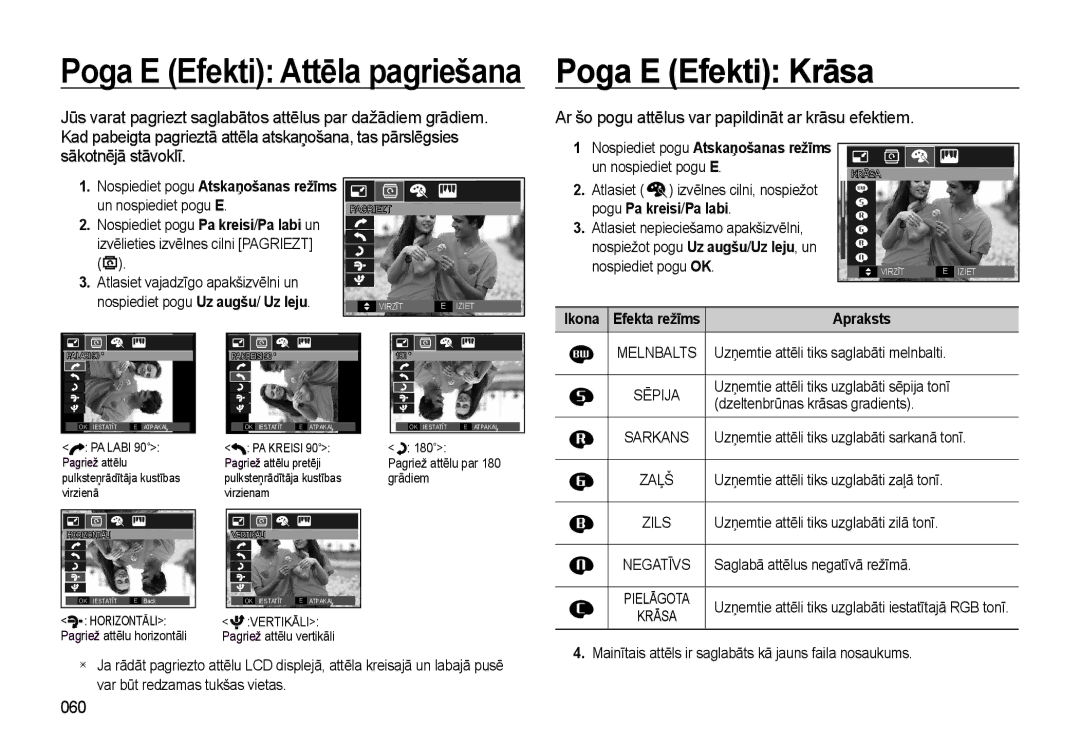 Samsung EC-L310WSBA/RU manual Poga E Efekti Attēla pagriešana Poga E Efekti Krāsa, 060, Ikona Efekta režīms Apraksts, Zaļš 