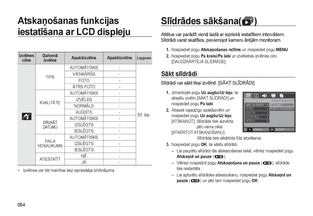 Samsung EC-L310WSBA/RU manual Slīdrādes sākšana, Sākt slīdrādi, Slīdrādi var sākt tikai izvēlnē Sākt Slīdrādi, 064 