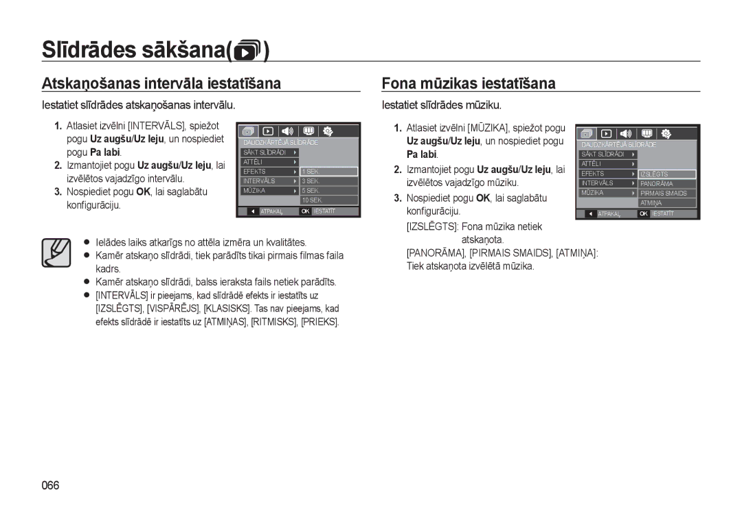 Samsung EC-L310WSBA/RU manual Atskaņošanas intervāla iestatīšana, Fona mūzikas iestatīšana, Iestatiet slīdrādes mūziku, 066 