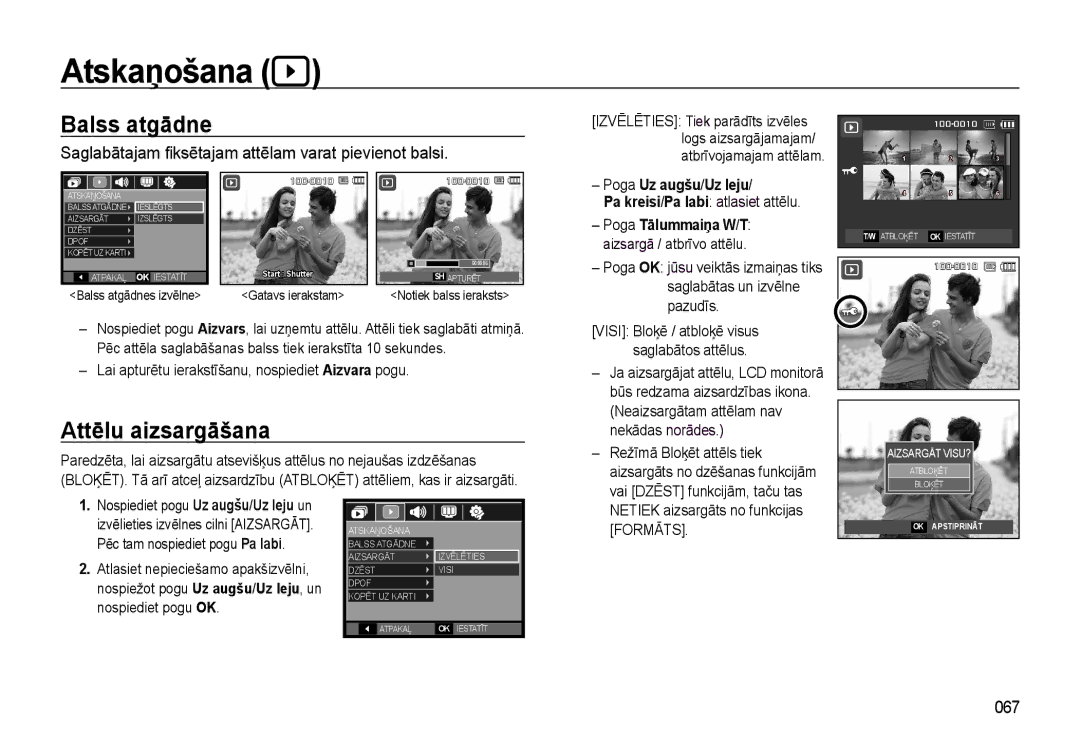 Samsung EC-L310WSBA/RU manual Atskaņošana, Balss atgādne, Attēlu aizsargāšana, 067 