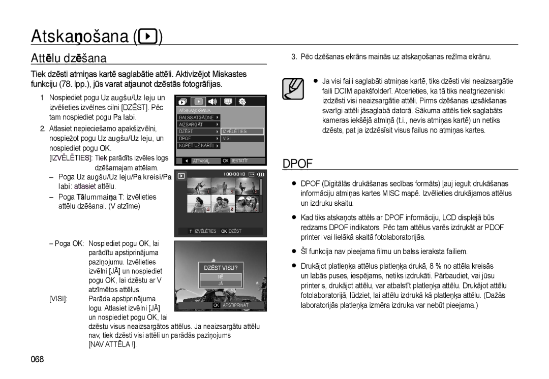 Samsung EC-L310WSBA/RU manual Attēlu dzēšana, 068, Poga Uz augšu/Uz leju/Pa kreisi/Pa labi atlasiet attēlu 