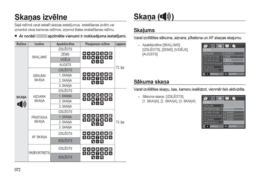 Samsung EC-L310WSBA/RU manual Skaņas izvēlne, Skaļums, Sākuma skaņa, „ Ar norādi 