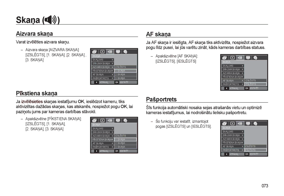 Samsung EC-L310WSBA/RU manual Aizvara skaņa, AF skaņa, Pīkstiena skaņa, Pašportrets 