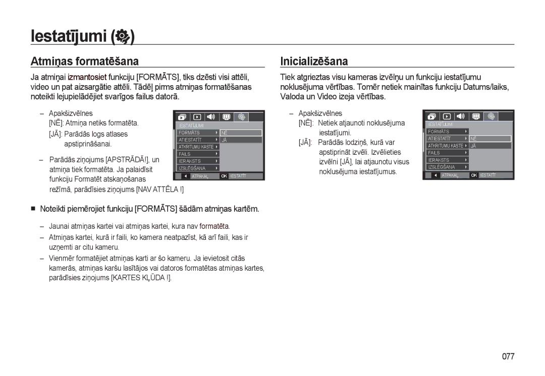 Samsung EC-L310WSBA/RU manual Iestatījumi, Atmiņas formatēšana, Inicializēšana, 077 