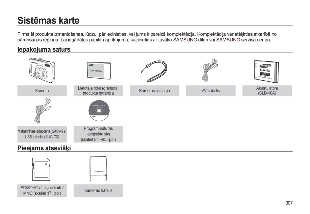 Samsung EC-L310WSBA/RU manual Sistēmas karte, Iepakojuma saturs, Pieejams atsevišķi, 007, Kameras futrālis 