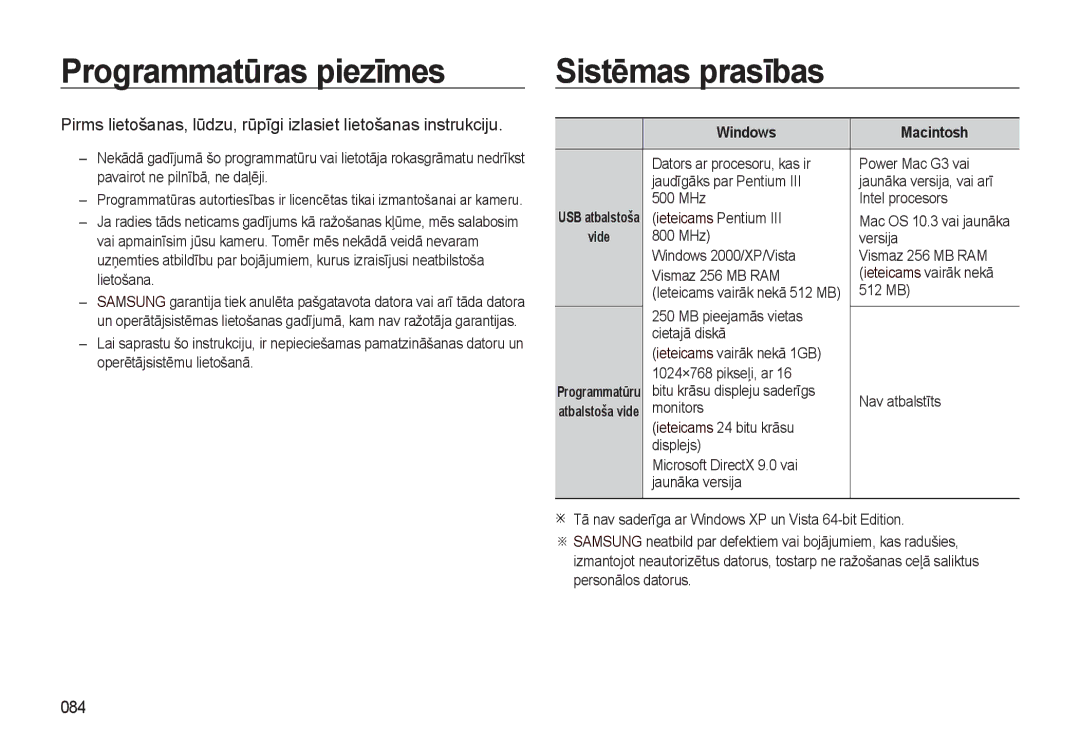 Samsung EC-L310WSBA/RU manual Programmatūras piezīmes Sistēmas prasības, 084, Windows Macintosh 