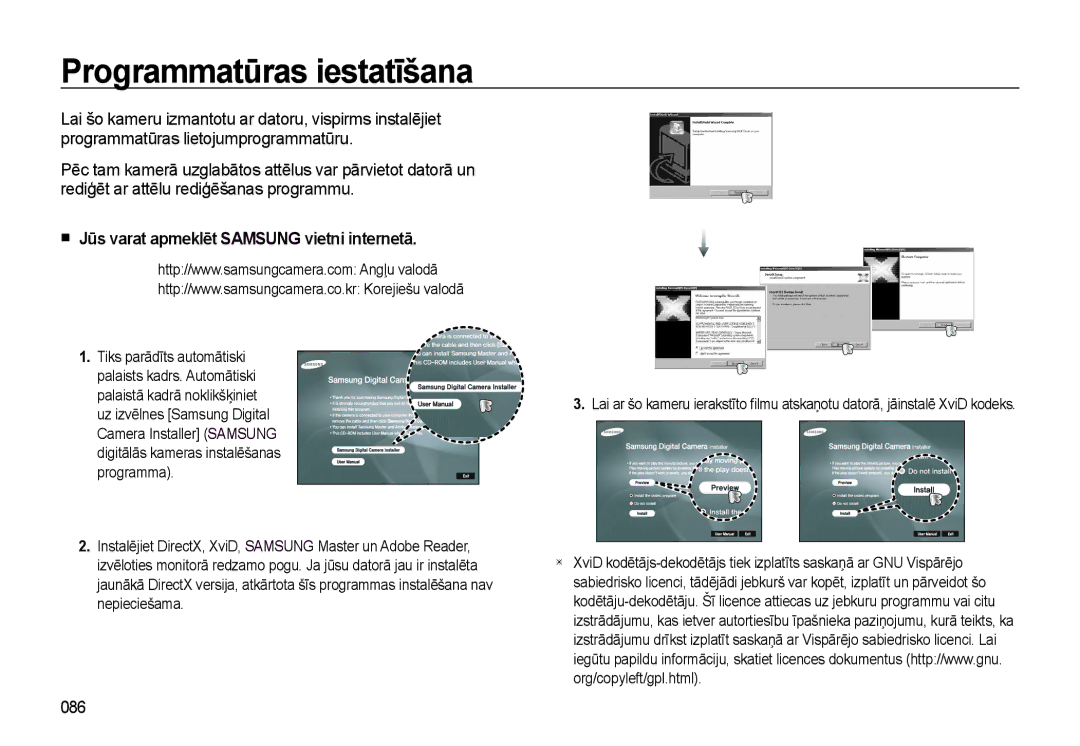 Samsung EC-L310WSBA/RU manual Programmatūras iestatīšana, „ Jūs varat apmeklēt Samsung vietni internetā, 086 