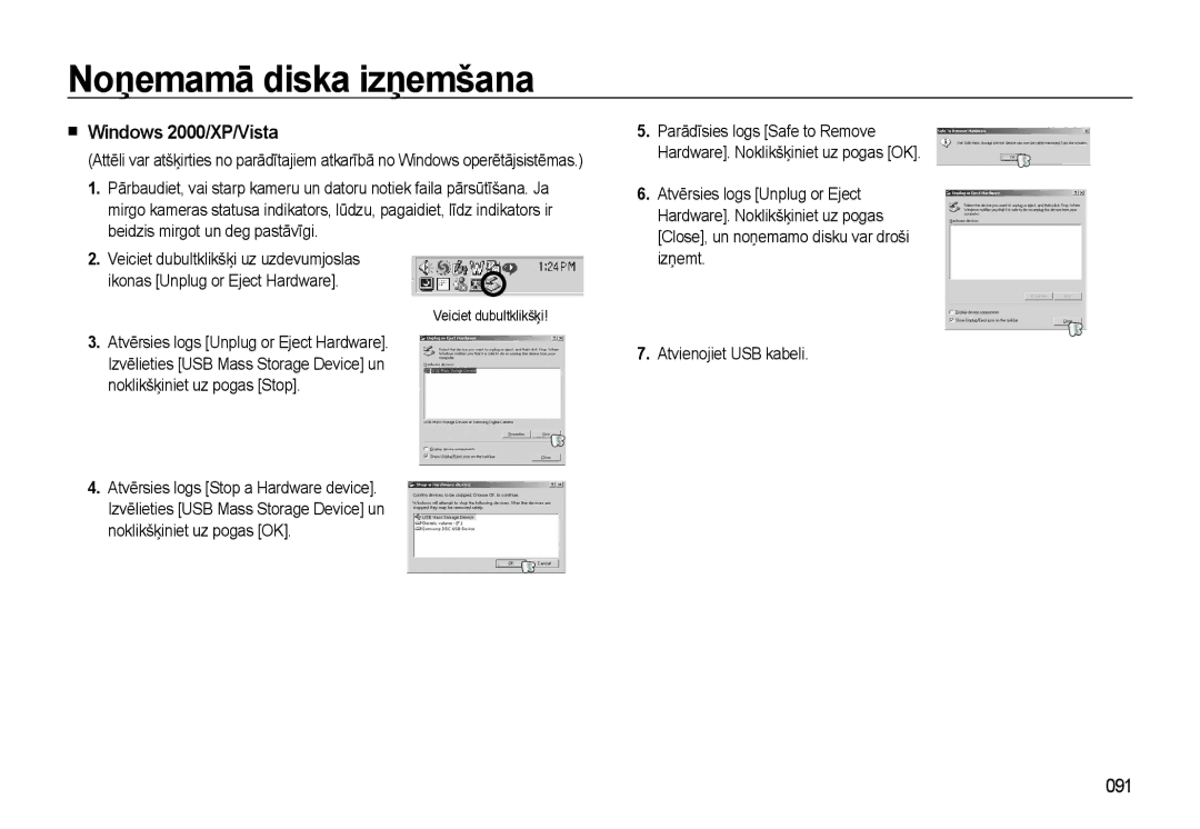 Samsung EC-L310WSBA/RU manual Noņemamā diska izņemšana, „ Windows 2000/XP/Vista, 091 