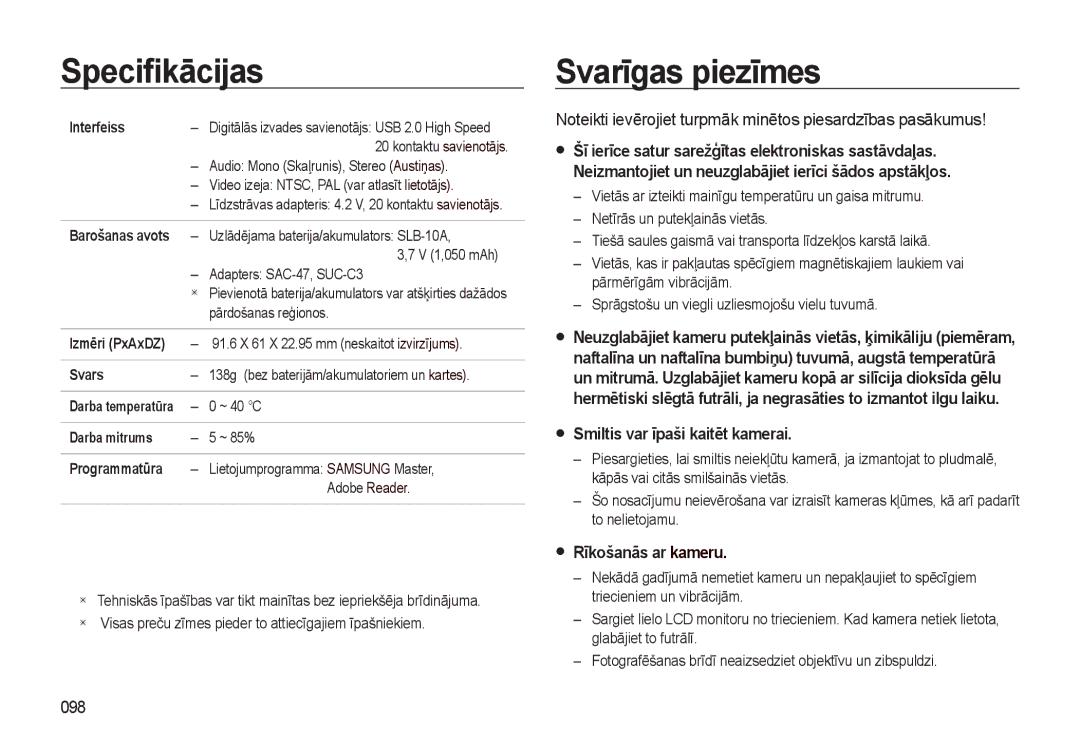 Samsung EC-L310WSBA/RU manual Svarīgas piezīmes, Smiltis var īpaši kaitēt kamerai, Rīkošanās ar kameru, 098 