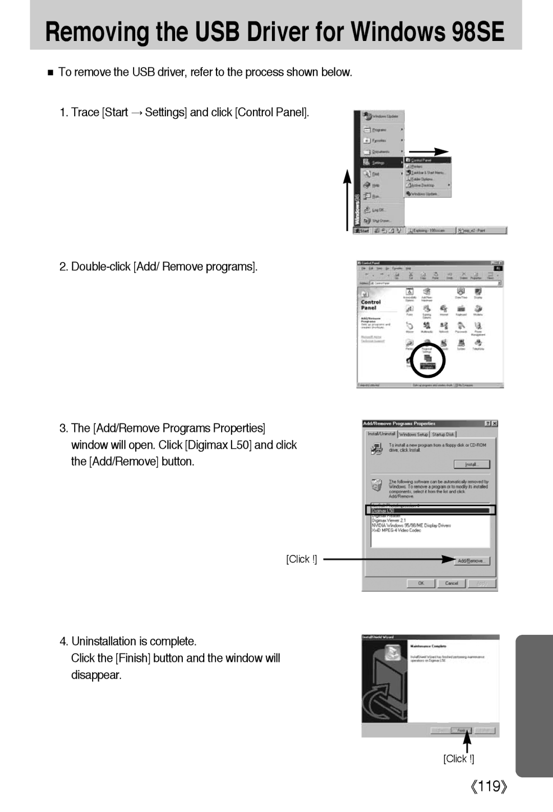 Samsung EC-L50ZZRBA/E1, EC-L50ZZSBA/E1, EC-L50ZZBAA, EC-L50ZZBBA/US, EC-L50ZZRAA Removing the USB Driver for Windows 98SE 