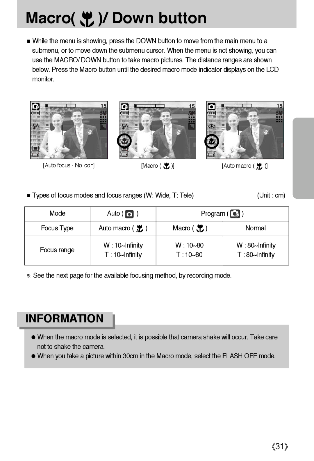 Samsung EC-L50ZZRAB, EC-L50ZZSBA/E1, EC-L50ZZBAA, EC-L50ZZBBA/US manual Macro / Down button, Unit cm, Auto Program, 10~80 