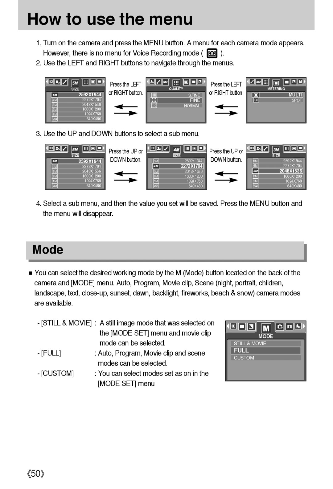 Samsung EC-L50ZZBBA/US, EC-L50ZZSBA/E1, EC-L50ZZBAA manual How to use the menu, Modes can be selected, Mode SET menu 