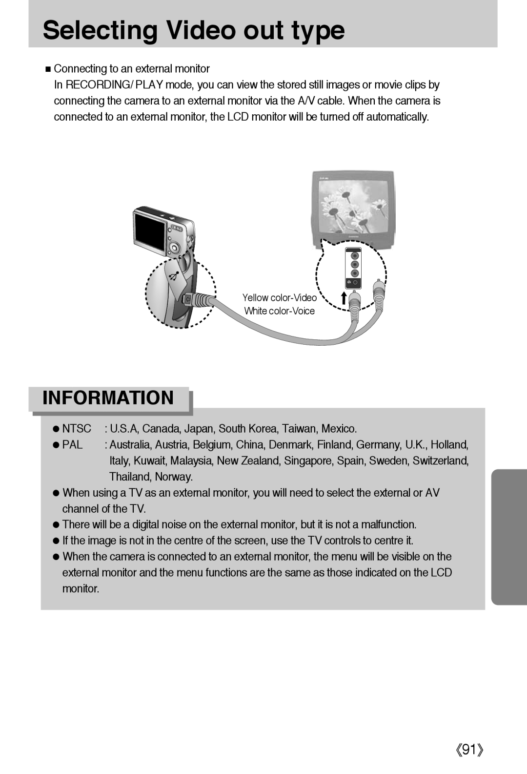 Samsung EC-L50ZZRAB, EC-L50ZZSBA/E1, EC-L50ZZBAA manual Selecting Video out type, Connecting to an external monitor, Pal 