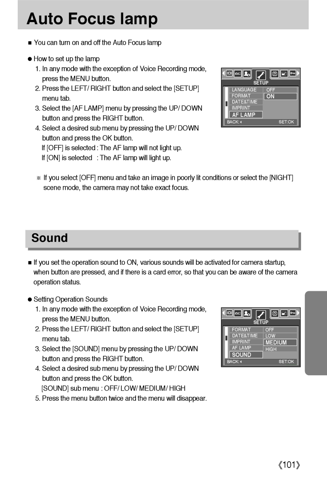 Samsung EC-L55WZEBA/E1, EC-L55WZSBA/E1, EC-L55WZSAA manual Auto Focus lamp, Sound 