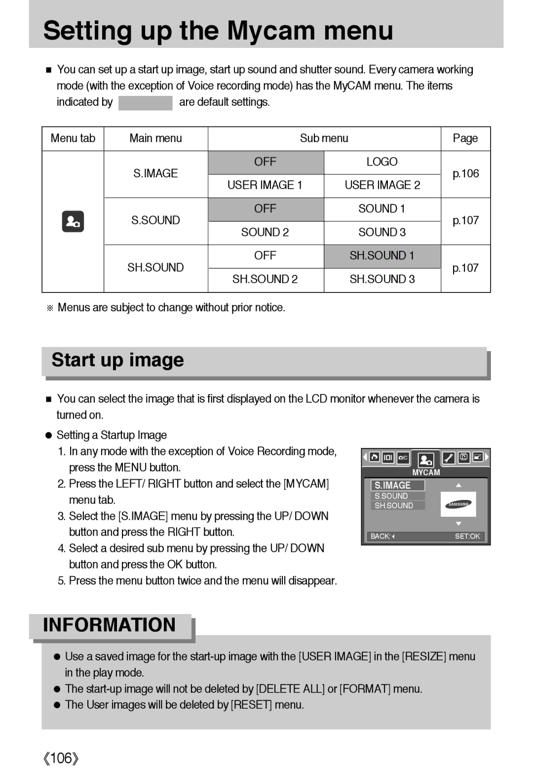 Samsung EC-L55WZSAA, EC-L55WZSBA/E1, EC-L55WZEBA/E1 manual Setting up the Mycam menu, Start up image 