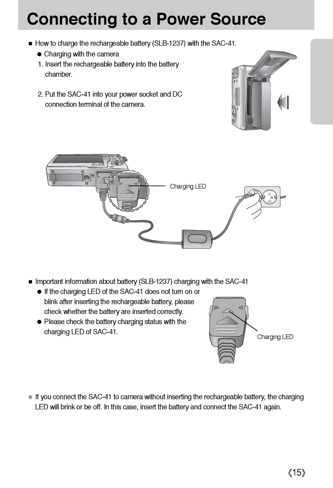 Samsung EC-L55WZSBA/E1, EC-L55WZSAA, EC-L55WZEBA/E1 manual Connecting to a Power Source 