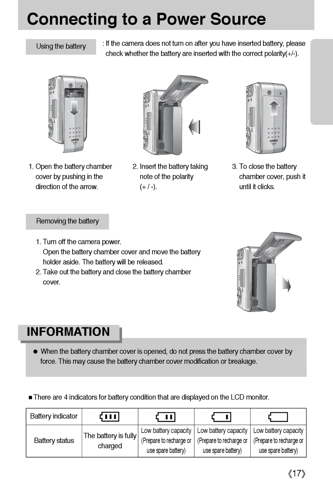 Samsung EC-L55WZEBA/E1 Using the battery, Removing the battery, Take out the battery and close the battery chamber cover 