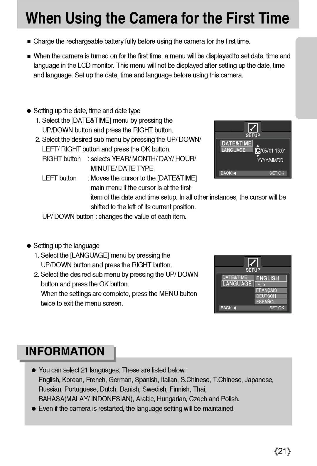 Samsung EC-L55WZSBA/E1 manual LEFT/ Right button and press the OK button, Right button Selects YEAR/ MONTH/ DAY/ Hour 