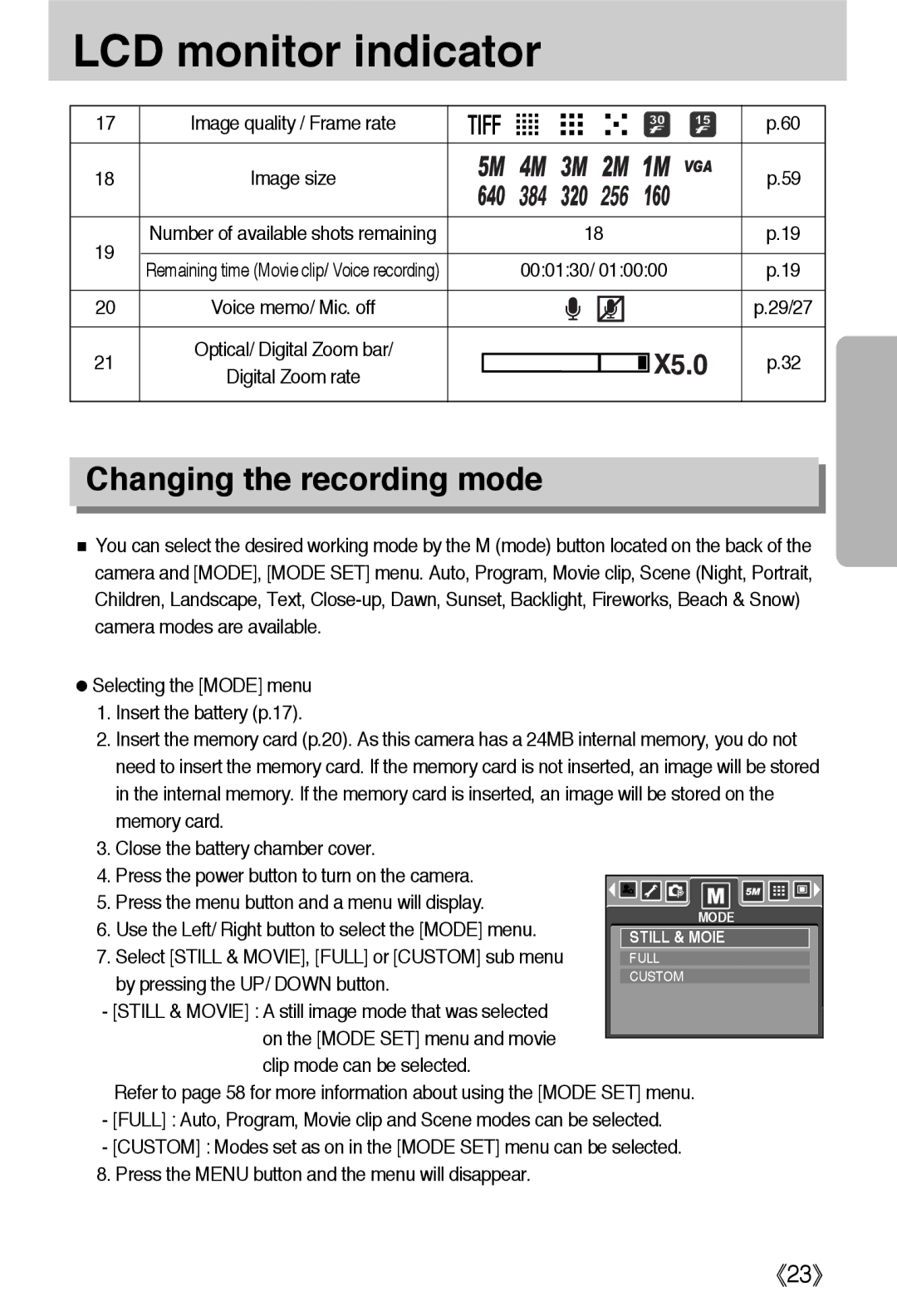 Samsung EC-L55WZEBA/E1, EC-L55WZSBA/E1, EC-L55WZSAA manual LCD monitor indicator, Changing the recording mode, 000130 