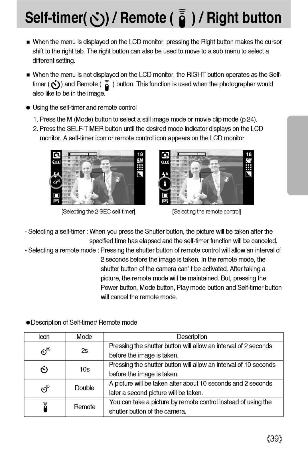 Samsung EC-L55WZSBA/E1, EC-L55WZSAA manual Description of Self-timer/ Remote mode Icon Mode, Before the image is taken 