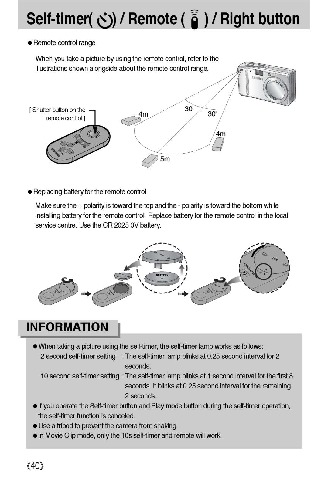 Samsung EC-L55WZSAA, EC-L55WZSBA/E1, EC-L55WZEBA/E1 manual Remote control range 